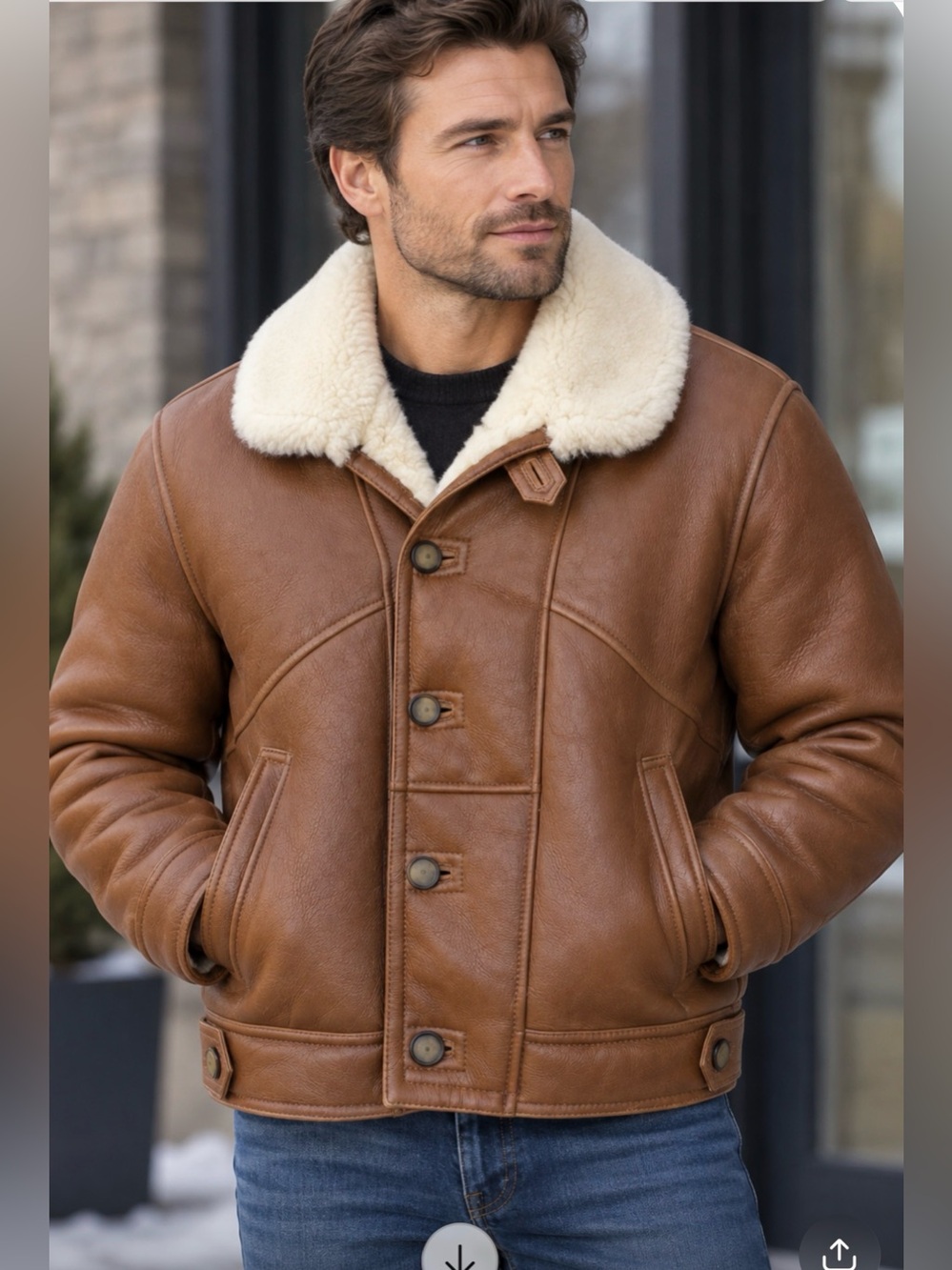 Men's Shearling-Lined Brown Leather Bomber Jacket
